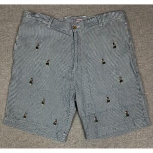 Barry Bricken Seersucker Short Mens 38 Blue Stripe Hula Girl Embroidered